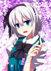 Rule 34 | 1girl, :d, aqua vest, black bow, black bowtie, black hairband, black ribbon, bow, bowtie, bracelet, collared shirt, colored eyelashes, comic, commentary request, flower, hair between eyes, hair ribbon, hairband, hand up, highres, jewelry, konpaku youmu, looking back, open mouth, petals, ribbon, sazanami mio, shirt, short sleeves, silver hair, smile, solo, touhou, upper body, vest, white shirt, wisteria