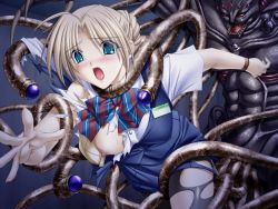 Rule 34 | 1boy, 1girl, blonde hair, blue eyes, blush, bra, flight attendant, game cg, imminent rape, monster, name tag, nipples, one breast out, open mouth, pantyhose, saeki hokuto, tears, tentacles, torn clothes, travel attendant, underwear, youjuu senki a.d. 2048
