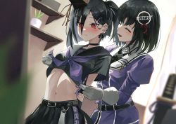 Rule 34 | 2girls, absurdres, arisugawa bii, azur lane, belt, black belt, black choker, black hair, black shirt, black skirt, blush, bob cut, breasts, choker, closed eyes, closed mouth, commentary request, commission, cowboy shot, crop top, crossover, ear piercing, elbow gloves, gloves, haguro (azur lane), haguro (kancolle), haguro kai ni (kancolle), hair between eyes, hair ornament, hairclip, highres, historical name connection, indoors, jacket, kantai collection, long hair, long sleeves, mask, midriff, military, military uniform, multiple girls, name connection, navel, neckerchief, open mouth, piercing, plant, pleated skirt, potted plant, puffy long sleeves, puffy sleeves, purple jacket, purple neckerchief, red eyes, school uniform, serafuku, shirt, short hair, short sleeves, short sword, side ponytail, sidelocks, skeb commission, skirt, small breasts, smile, standing, sweat, sword, tantou, tengu mask, uniform, weapon, white gloves