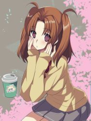 Rule 34 | 1girl, breasts, brown hair, cup, disposable cup, floral background, frilled skirt, frills, hand on own face, highres, long sleeves, looking at viewer, low twintails, medium hair, neco-arc, red eyes, shirt, simple background, skirt, solo, tajima yoshikazu, tsukihime, tsukihime (remake), twintails, yellow shirt, yumizuka satsuki