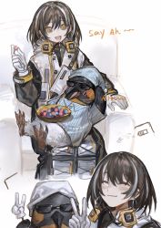 Rule 34 | 1girl, :d, ^ ^, animal, arknights, armchair, bird, black-framed eyewear, black hair, blue shirt, blush, chair, closed eyes, closed mouth, collared shirt, english text, feeding, gloves, hair between eyes, hat, highres, hood, hood down, hooded jacket, jacket, liangban xiexu, long sleeves, magallan (arknights), multicolored hair, nightcap, on chair, on lap, open mouth, penguin, puffy long sleeves, puffy sleeves, shirt, simple background, sitting, smile, streaked hair, striped clothes, striped shirt, sunglasses, emperor (arknights), vertical-striped clothes, vertical-striped shirt, white background, white gloves, white hair, white jacket