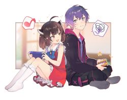 Rule 34 | 1boy, 1girl, ahoge, black jacket, black pants, blue bow, blue bowtie, blurry, blurry background, blush, bow, bowtie, brown hair, character request, collared shirt, commentary request, crossed legs, dress, frilled dress, frills, handheld game console, highres, indian style, jacket, knees up, looking at another, open mouth, orange eyes, pants, purple eyes, purple hair, red dress, shirinda fureiru, shirt, short hair, simple background, sitting, smile, socks, sweatdrop, thighs, touhoku kiritan, voiceroid, white background, white socks