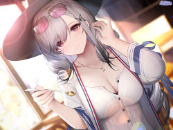 Rule 34 | 1girl, an yasuri, azur lane, banned artist, blurry, blurry background, breasts, cleavage, closed mouth, collarbone, dunkerque (azur lane), dutch angle, eyewear on head, glasses, grey hair, hair between eyes, hair ornament, hat, highres, indoors, jewelry, large breasts, long hair, looking at viewer, necklace, red eyes, short sleeves, sidelocks, smile, solo, swept bangs, window, yostar