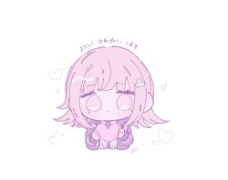 Rule 34 | 1girl, alternate hair ornament, chibi, cropped torso, danganronpa (series), danganronpa 2: goodbye despair, hair ornament, heart, highres, holding, holding heart, jacket, long sleeves, looking at viewer, nanami chiaki, open clothes, open jacket, pink eyes, pote (pote 39), shirt, simple background, solo, translation request, white background