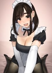 Rule 34 | 1girl, apron, black eyes, black hair, black pantyhose, blush, breasts, cleavage, commentary request, detached collar, elbow gloves, ganbare douki-chan, gloves, highres, kouhai-chan (douki-chan), large breasts, looking at viewer, maid, maid headdress, medium breasts, medium hair, mole, mole on breast, mole on cheek, no shoes, open mouth, pantyhose, short sleeves, sidelocks, sitting, smile, solo, teeth, upper teeth only, waist apron, wariza, white gloves, yomu (sgt epper)