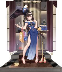 Rule 34 | 1girl, ahoge, anchor hair ornament, animal, atdan, azur lane, bag, bald eagle, bare arms, bare legs, bare shoulders, bird, black choker, black hair, blue dress, breasts, chick, choker, clothing cutout, curtains, dress, eagle, full body, glasses, gradient dress, hair ornament, hairband, hand up, handbag, high heels, highres, independence (azur lane), independence (the independent line) (azur lane), large breasts, long hair, looking at viewer, low ponytail, manjuu (azur lane), necktie, off-shoulder dress, off shoulder, official alternate costume, official art, paper bag, pelvic curtain, pumps, red eyes, revealing clothes, sandals, shoes, side cutout, smile, solo, standing, stiletto heels, table, thighs, transparent background, unworn shoes, very long hair