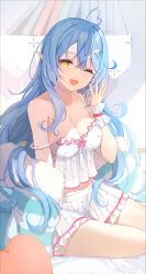 Rule 34 | 1girl, ;d, ahoge, arm support, bedroom, blue hair, blue jacket, breasts, camisole, character hair ornament, cleavage, cowengium, crossed bangs, frilled camisole, frills, hair between eyes, hair ornament, hairclip, heart, heart ahoge, highres, hololive, indoors, jacket, jacket partially removed, long hair, looking at viewer, medium breasts, messy hair, multicolored hair, official alternate costume, official alternate hairstyle, one eye closed, open mouth, pajamas, partially unzipped, pink skirt, pointy ears, polka dot camisole, sitting, skirt, sleepwear, smile, solo, strap slip, streaked hair, striped clothes, striped jacket, very long hair, virtual youtuber, waking up, white camisole, wrist cuffs, yawning, yellow eyes, yokozuwari, yukihana lamy