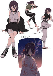 Rule 34 | 1girl, absurdres, alternate costume, arm wrap, backlighting, bandaged arm, bandaged leg, bandages, bandaid, bandaid on arm, bandaid on face, barefoot, black choker, black hair, black shirt, black shorts, blood, blush, breasts, chainsaw man, choker, closed mouth, collared shirt, cross-laced footwear, crossed legs, dagger, dual wielding, expressionless, fireworks, flower, full body, green eyes, green footwear, green shirt, hair between eyes, hair bun, hair flower, hair ornament, highres, holding, holding dagger, holding knife, holding weapon, injury, japanese clothes, kicking, kimono, knife, korean commentary, leg wrap, looking at viewer, martial arts, midriff, motion lines, mouth hold, multiple views, night, night sky, null (skev7724), pants, pink kimono, reze (chainsaw man), scrunchie, shirt, shirt tucked in, shoes, short hair, shorts, simple background, single hair bun, sitting, sky, sleeveless, sleeveless shirt, small breasts, smile, sneakers, sweatdrop, twitter username, upper body, weapon, white background, white pants, white shirt