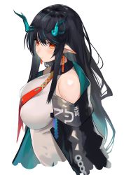 Rule 34 | 1girl, absurdres, arknights, black collar, black hair, black jacket, blush, breasts, china dress, chinese clothes, collar, commentary, cropped torso, dragon horns, dress, dusk (arknights), ear piercing, from side, green hair, highres, horns, jacket, large breasts, long hair, looking at viewer, multicolored hair, necktie, off shoulder, open clothes, open jacket, ozyomin, piercing, pointy ears, red eyes, red necktie, simple background, sleeveless, sleeveless dress, solo, streaked hair, upper body, white background, white dress