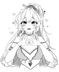 Rule 34 | 1girl, arm strap, arrow hair ornament, breasts, choker, collarbone, commission, dress, gem, greyscale, halo, heart, heart hands, highres, hopetokki, indie virtual youtuber, long hair, medium breasts, monochrome, olivia monroe, open mouth, ponytail, sketch, sleeveless, sleeveless dress, solo, sparkle, upper body, vgen commission, virtual youtuber