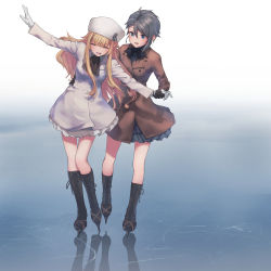 Rule 34 | 2girls, :d, ange (princess principal), ascot, black bow, black bowtie, black footwear, black gloves, blonde hair, blue eyes, blunt bangs, blush, boots, bow, bowtie, brown coat, closed eyes, coat, commentary, cross-laced footwear, english commentary, facing viewer, fur hat, genso, gloves, grey hair, hair between eyes, hair flaps, hand on another&#039;s waist, hat, holding hands, ice, ice skates, knee boots, lace-up boots, leaning to the side, long hair, long sleeves, multiple girls, open mouth, outstretched arms, princess (princess principal), princess principal, reflection, sidelocks, skates, smile, spread arms, standing, standing on one leg, v-shaped eyebrows, very long hair, white coat, white gloves, white hat