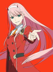 Rule 34 | 1girl, absurdres, dress, green eyes, highres, horns, long hair, looking at viewer, pink hair, portrait, reaching, reaching towards viewer, red dress, smile, very long hair, zero two (darling in the franxx)