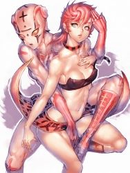 Rule 34 | 2girls, bare shoulders, breasts, collar, covered erect nipples, elbow gloves, fumio (rsqkr), gloves, green eyes, jojo no kimyou na bouken, lips, medium breasts, midriff, multiple girls, navel, parted lips, pink hair, short hair, skirt, spice girl (stand), stand (jojo), thighs, trish una, vento aureo
