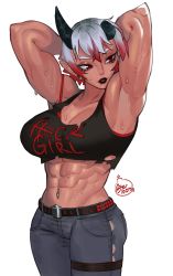 Rule 34 | 1girl, abs, armpits, bitter bomb, broken horn, commission, demon girl, demon horns, highres, horns, midriff, multicolored hair, muscular, muscular female, navel, navel piercing, original, piercing, red eyes, red hair, red lips, simple background, solo, two-tone hair, white background, white hair