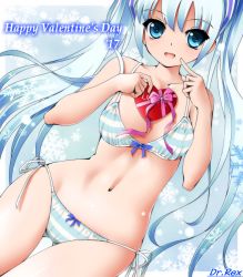 Rule 34 | 1girl, blue eyes, blue hair, bra, breasts, dr rex, hatsune miku, long hair, looking at viewer, navel, open mouth, panties, side-tie panties, small breasts, smile, solo, striped bra, striped clothes, striped panties, twintails, underwear, valentine, very long hair, vocaloid, yuki miku