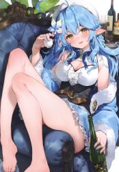 Rule 34 | 1girl, absurdres, ahoge, alcohol, banned artist, bare legs, barefoot, beret, blue hair, blue nails, blush, bottle, breasts, chair, cleavage, colored tips, cup, feet, flower, frills, hair between eyes, hair flower, hair ornament, hat, heart, heart ahoge, highres, holding, holding bottle, holding cup, hololive, large breasts, legs, long hair, looking at viewer, multicolored hair, nail polish, parsley-f, plant, pointy ears, scan, simple background, sitting, snowflake print, solo, streaked hair, toenail polish, toenails, virtual youtuber, white background, yellow eyes, yukihana lamy