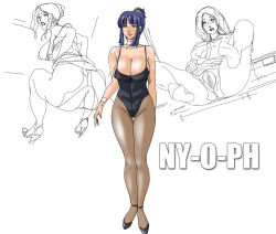 Rule 34 | 3girls, ass, blue eyes, blue hair, blunt bangs, breasts, censored, cleavage, clothing aside, detached collar, glasses, groin, high heels, large breasts, legs up, leotard, leotard aside, lipstick, long hair, makeup, multiple girls, ny-o-ph, off shoulder, pantyhose, playboy bunny, ponytail, pussy, sitting, sketch, solo focus, spread legs, squatting, standing, thighs, torn clothes, torn legwear, wristband