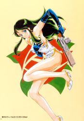Rule 34 | 1990s (style), 1girl, black hair, blue eyes, blush, breast hold, breasts, china dress, chinese clothes, covering privates, dress, earrings, elbow gloves, giant robo, ginrei (giant robo), gloves, green hair, gun, highres, jewelry, long hair, looking at viewer, microdress, nas-o, no panties, official art, retro artstyle, scan, shoes, short dress, side slit, simple background, smile, solo, thighs, torn clothes, underboob, weapon