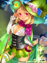 Rule 34 | 1girl, 2boys, animal print, bat print, black hair, blonde hair, blush, breasts, camera, cape, cleavage, cloud, corset, cosplay, cowboy shot, facing viewer, fat, fat man, floral print, furyou michi ~gang road~, glasses, green cape, green skirt, hat, holding, jairou, light blush, light smile, looking at viewer, medium breasts, miniskirt, multiple boys, night, night sky, no bra, o3o, opaque glasses, original, outdoors, pink eyes, pink scarf, pleated skirt, round eyewear, scarf, shirt, short hair, skirt, sky, smile, staff, standing, striped clothes, striped scarf, sweat, taking picture, thighhighs, tokyo big sight, underbust, watermark, white shirt, white thighhighs, witch hat, zettai ryouiki