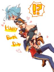 Rule 34 | !?, 10s, 2boys, ahoge, aqua hair, blush, english text, eyebrows, fingerless gloves, forked eyebrows, future card buddyfight, gloves, happy birthday, male focus, mikado gaou, multicolored hair, multiple boys, open mouth, red eyes, red hair, ryuuenji tasuku, short hair, simple background, tobi (one), torn clothes, two-tone hair, white background, yaoi