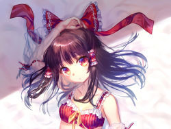Rule 34 | 1girl, :o, arm up, bare shoulders, bed sheet, bikini, blush, bow, breasts, brown hair, cleavage, collarbone, detached sleeves, frilled bow, frilled hair tubes, frills, from above, hair tubes, hakurei reimu, highres, hinasumire, light, long hair, long sleeves, looking at viewer, lying, on back, parted lips, red bikini, red eyes, red ribbon, ribbon, ribbon-trimmed sleeves, ribbon trim, see-through, small breasts, solo, striped bikini, striped clothes, swimsuit, tareme, touhou, vertical-striped bikini, vertical-striped clothes, wide sleeves, yellow ribbon