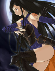 Rule 34 | 1girl, bad id, bad pixiv id, bare shoulders, black hair, blue eyes, boots, bridal gauntlets, castlevania (series), castlevania: order of ecclesia, elbow gloves, gloves, gus (clarkii), konami, long hair, moon, no panties, shanoa, solo, thigh boots, thighhighs, thighs