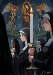 Rule 34 | 5girls, angel, angel wings, candle, catholic, christianity, church, church interior, closed mouth, cross, dress, expressionless, female focus, fire, fire, habit, highres, holding, holding cross, indoors, jesus, multiple girls, mural, nun, original, signature, virgin mary, wings, yosano (yosano888)