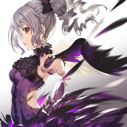 Rule 34 | 10s, 1girl, bare shoulders, black wings, breasts, drill hair, feathered wings, highres, idolmaster, idolmaster cinderella girls, kanzaki ranko, looking at viewer, madyy, nail polish, purple nails, red eyes, solo, twin drills, wings