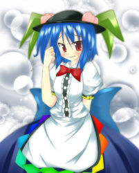 Rule 34 | 1girl, alternate hairstyle, blue hair, blush, bow, bowtie, dress, female focus, flat chest, food, fruit, gradient background, grimace, hat, hinanawi tenshi, large bow, nanase shouta, peach, red eyes, seisei, short hair, solo, standing, sweatdrop, touhou, white background