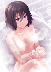 Rule 34 | 1girl, bathroom, bathtub, black hair, breasts, censored, closed mouth, convenient censoring, hair between eyes, highres, levana violette (lusan666), lusan666, nude, original, partially submerged, purple eyes, short hair, small breasts, soaking hands, solo, steam, steam censor, thai commentary, water, wet