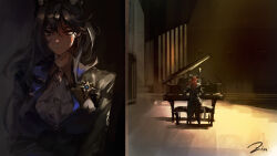 Rule 34 | 1boy, 1girl, animal ears, antlers, arknights, ascot, black hair, black jacket, breasts, collared shirt, commentary request, czerny (arknights), deer antlers, deer boy, gertrude strollo (arknights), grand piano, highres, horns, indoors, instrument, jacket, large breasts, listening to music, lonely (1878056661), long hair, looking down, music, piano, playing instrument, playing piano, red hair, shirt, sitting, standing, upper body, white ascot, white shirt, wolf ears, wolf girl