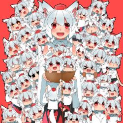 Rule 34 | 6+girls, absurdres, animal ears, artist request, blush, chibi, clone, fangs, female focus, hat, highres, inubashiri momiji, jpeg artifacts, multiple girls, o o, one eye closed, open mouth, red eyes, short hair, sleeping, sunglasses, symbol-shaped pupils, tail, touhou, white hair, wolf ears, wolf tail