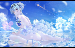 Rule 34 | 1girl, absurdres, alternate costume, armlet, ass, athletic leotard, backless leotard, ballet, ballet slippers, bare back, bare shoulders, black hairband, blue hair, blue sky, blush, cloud, cloudy sky, commentary, crossed bangs, day, earrings, eula (genshin impact), flower, frilled skirt, frills, geez, genshin impact, hair bun, hair flower, hair ornament, hairband, highres, jewelry, leotard, light blue hair, looking at viewer, outdoors, outstretched leg, pantyhose, parted lips, purple eyes, reflective floor, short hair, sidelocks, sitting, skirt, sky, solo, sweat, two-tone eyes, white pantyhose, yellow eyes