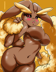 Rule 34 | 1girl, absurdres, animal ears, armpits, artist name, black sclera, blush, breasts, colored sclera, creatures (company), curvy, dated, furry, furry female, game freak, gen 4 pokemon, highres, jenovasilver, large breasts, looking at viewer, lopunny, navel, nintendo, no nipples, open mouth, plump, pokemon, pokemon (creature), pokemon dppt, rabbit ears, rabbit tail, red eyes, simple background, solo, tail, teeth, text focus, thick thighs, thighs, yellow background