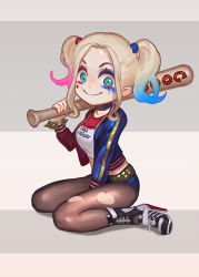 Rule 34 | 1girl, baseball bat, batman (series), breasts, chibi, dc comics, harley quinn, high heel boots, jacket, makeup, multicolored hair, shorts, smile, solo, suicide squad, twintails