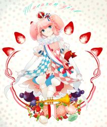Rule 34 | 1girl, argyle, blue eyes, blueberry, bow, braid, coat, crown, female focus, flower, food, fruit, gloves, hair ribbon, heart, instrument, multicolored shirt, original, pants, pink flower, pink hair, pink rose, plant, ribbon, rose, short hair, sidelocks, smile, solo, strawberry, striped bow, striped ribbon, thighhighs, trumpet, welchino, white gloves, white thighhighs