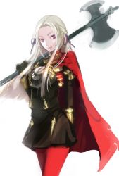 Rule 34 | 1girl, artist request, blonde hair, blue eyes, cape, ascot, edelgard von hresvelg, fire emblem, fire emblem: three houses, gloves, hair ornament, long hair, looking at viewer, mole, mole under mouth, nintendo, pantyhose, simple background, smile, solo, uniform, white background