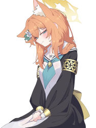 Rule 34 | 1girl, absurdres, animal ear fluff, animal ears, blue archive, blue eyes, blush, breasts, cat ears, closed mouth, extra ears, flower, green neckerchief, habit, hair flower, hair ornament, halo, highres, long hair, long sleeves, looking at viewer, mari (blue archive), neckerchief, nun, orange hair, simple background, small breasts, smile, solo, warabi mochi (w4rabimochi), white background, white flower, yellow halo
