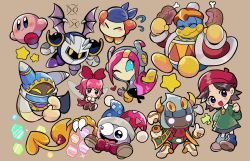 Rule 34 | 2boys, 3girls, adeleine, armor, bandana, bandana waddle dee, bat wings, beak, beret, blue bandana, blue eyes, blush, blush stickers, boned meat, boots, bow, brown background, brown footwear, brown hair, cloak, closed eyes, closed mouth, coat, collared dress, commentary request, crazy eyes, dark skin, dress, eating, eyelashes, eyes in shadow, fairy, fairy wings, fang, fangs, fangs out, flying sweatdrops, food, full body, fur-trimmed coat, fur trim, gloves, glowing, glowing eyes, green dress, grey hair, hair bow, hakaba (ksni tbn), hat, highres, holding, holding food, jester cap, king dedede, kirby, kirby&#039;s return to dream land, kirby: planet robobot, kirby: triple deluxe, kirby (series), kirby 64, kirby super star, long sleeves, magolor, marx (kirby), mask, meat, meta knight, multicolored clothes, multicolored headwear, multiple boys, multiple girls, nintendo, one eye closed, open mouth, pink dress, pink hair, pom pom (clothes), purple eyes, purple footwear, rayman limbs, red bow, red coat, red headwear, red scarf, ribbon (kirby), scarf, shoes, short hair, shoulder armor, simple background, smile, solid oval eyes, standing, star (symbol), susie (kirby), taranza, white gloves, wings, yellow eyes