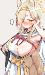 Rule 34 | ..., 1boy, 1girl, animal ears, areola slip, armpits, blonde hair, blue archive, blush, breasts, eyes visible through hair, fox ears, grey background, hair over one eye, halo, hetero, highres, japanese clothes, kaho (blue archive), kimono, large breasts, long hair, looking at viewer, machismo fuji, mole, mole under mouth, open mouth, rope, simple background, solo focus, spoken blush, spoken ellipsis, sweat, white kimono, yellow eyes