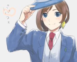 Rule 34 | 1girl, ace attorney, blue eyes, blue hat, brown hair, cosplay, earrings, formal, hat, jewelry, mksb (3548), naruhodou ryuuichi (cosplay), necktie, phoenix wright, phoenix wright (cosplay), red necktie, short hair, single earring, smile, solo, suit, trucy wright, upper body, white background