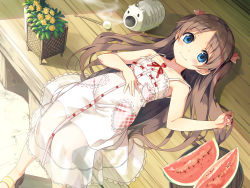 Rule 34 | 1girl, ayakashi kyoushuutan, bare arms, bare shoulders, blue eyes, blush, brown hair, closed mouth, cura, dress, female focus, flat chest, flower, food, fruit, heart pendant, highres, jewelry, kayari buta, long hair, looking at viewer, lying, mimikaki, monobeno, necklace, official art, on back, parted bangs, porch, sandals, sawai natsuha, see-through, smile, solo, summer, very long hair, watermelon, white dress