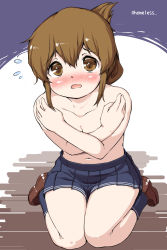 Rule 34 | 10s, 1girl, blush, brown eyes, brown hair, covering privates, covering chest, flying sweatdrops, folded ponytail, highres, inazuma (kancolle), kantai collection, loafers, long hair, navel, open mouth, sakimori dan, shoes, sitting, skirt, solo, wariza
