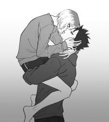 Rule 34 | 2boys, arms around neck, barefoot, black hair, carrying, carrying person, couple, cowboy shot, eye contact, feet out of frame, gradient background, greyscale, haikyuu!!, half-closed eyes, highres, hood, hood down, hoodie, kiss, kozume kenma, kuroo tetsurou, long sleeves, looking at another, male focus, monochrome, multicolored hair, multiple boys, open mouth, profile, ribo 15, shirt, shorts, spiked hair, tongue, two-tone hair, yaoi