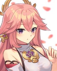 Rule 34 | 1girl, bare shoulders, blush, breasts, detached sleeves, genshin impact, hair between eyes, hair flaps, hand up, highres, large breasts, long hair, looking at viewer, nontraditional miko, pink hair, purple eyes, shirt, sleeveless, sleeveless shirt, solo, upper body, vakuuberi, white background, white shirt, yae miko