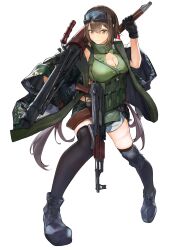 Rule 34 | 1girl, absurdres, ammunition pouch, assault rifle, black gloves, black thighhighs, breasts, brown hair, camouflage, camouflage jacket, chadlink, cleavage, digital camouflage, girls&#039; frontline, gloves, goggles, goggles on head, green shorts, gun, gun sling, highres, holding, holding rocket launcher, holding weapon, jacket, kalashnikov rifle, knee pads, large breasts, long hair, machine gun, medium breasts, pouch, rifle, rocket launcher, rpg, rpg-7, rpg (weapon), shorts, thighhighs, type 56-1 (girls&#039; frontline), very long hair, weapon, weapon request