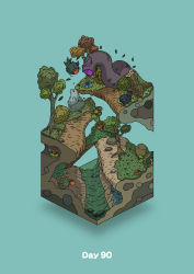 Rule 34 | absurdres, aqua background, boulder, commentary, creature, diorama, falling, gozz, highres, horns, isometric, leaf, monster, open mouth, original, purple eyes, river, tree