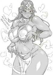 Rule 34 | 1girl, blush, breasts, cleavage, dark-skinned female, dark skin, dragon quest, dragon quest iv, female focus, huge breasts, large breasts, long hair, manya (dq4), millefeuille, monochrome, navel, parted lips, smile, solo, square enix, sweat