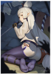 Rule 34 | 1girl, absurdres, arm guards, ass, bandages, bandaged arm, bandages, blush, bodystocking, border, bow, facial mark, feet, fingerless gloves, forehead mark, gloves, hair bow, highres, holding, holding sword, holding weapon, hyrule warriors: age of calamity, impa, long hair, long sleeves, looking at viewer, looking back, low-tied long hair, mato kuroi, nintendo, no shoes, parted lips, pointy ears, purple gloves, red bow, red eyes, rock, short shorts, shorts, sidelocks, signature, soles, solo, straight hair, sword, the legend of zelda, the legend of zelda: breath of the wild, very long hair, weapon, white border, white shorts
