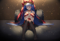 Rule 34 | 1girl, azur lane, bad id, bad pixiv id, bare shoulders, bell, black pantyhose, blue eyes, blue hair, blunt bangs, blush, bound, bow, breasts, choker, christmas, collarbone, embarrassed, floral bow, glowing, glowing eyes, hair bow, hair ribbon, half-closed eyes, heterochromia, highres, horns, ibuki (azur lane), knees together feet apart, knees up, large breasts, long hair, looking to the side, maya g, neck bell, open mouth, own hands together, panties, panties under pantyhose, pantyhose, pillow, red bow, red eyes, red ribbon, ribbon, ribbon bondage, ribbon choker, sidelocks, sitting, skindentation, solo, underwear, very long hair